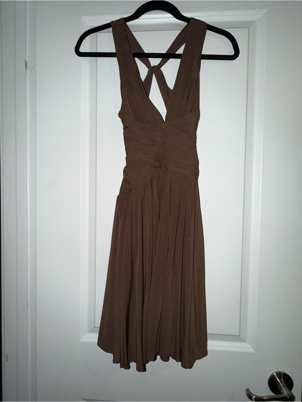 BCBGMAXAZRIA Brown Ruched Halter Dress – Size XS